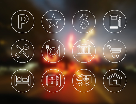 Navigation line icon set for GPS on the blurred photo background. Vector illustrationのイラスト素材