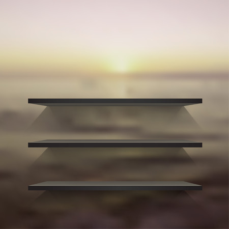 Empty black  modern shelves on the blurred photo wallpaper. Vector illustrationのイラスト素材