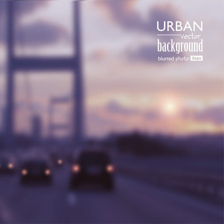 Urban vintage background. Several cars on the bridge at sunset. Vector illustrationのイラスト素材