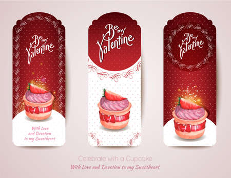 A set of red cake cards. Happy Valentine\'s Day cardのイラスト素材