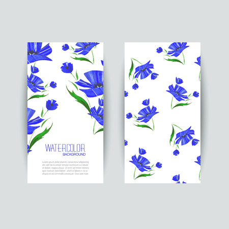 Business cards templates. Watercolor design. Cards with blue abstract watercolor poppies. Invitations, flyers. Vector illustration.のイラスト素材