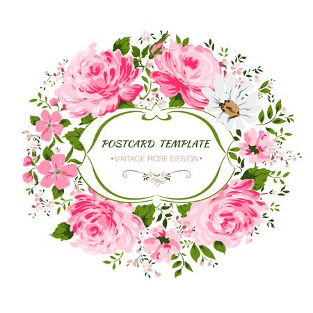 Vintage card with flowers - rose, peony, camomileのイラスト素材
