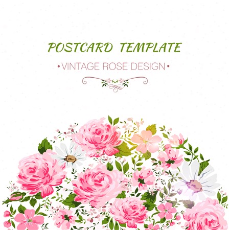 Vintage card with flowers- rose, peony, camomileのイラスト素材