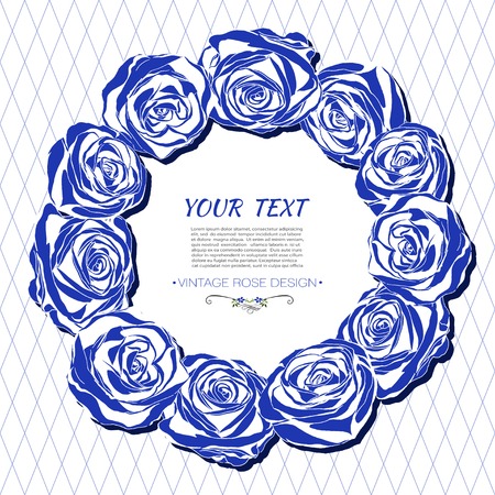 Vintage card with a round frame of blue roses.のイラスト素材