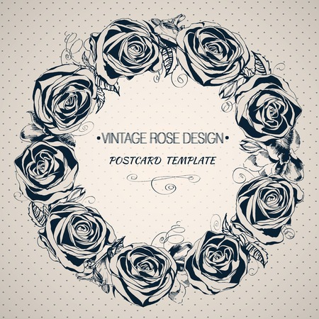 Background with blooming roses. Hand-drawing floral wreathのイラスト素材