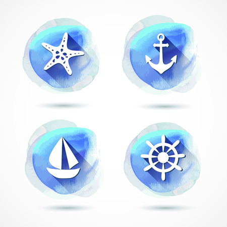 Set of elements on the marine theme with a watercolor background. Watercolor. Vector illustration. Illustration for greeting cards, invitations, and other printing projects.のイラスト素材