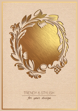 Invitation card with gold floral ornament. Template frame design for greeting card. You can place your text in the empty frame.の写真素材