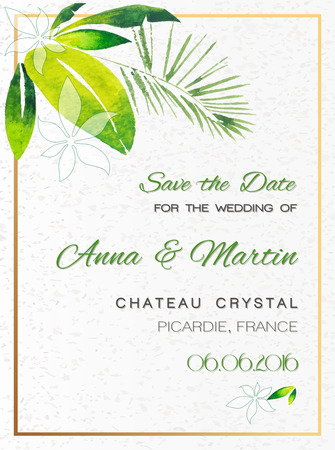 Wedding invitation card with Tropical Watercolor Design. Vector illustration.のイラスト素材