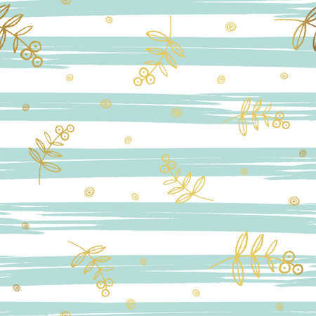 Gold floral elements on stripe background. Vector patternのイラスト素材
