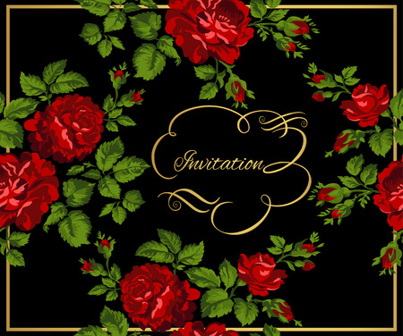Luxurious vintage card of red roses with gold calligraphy. illustration.のイラスト素材