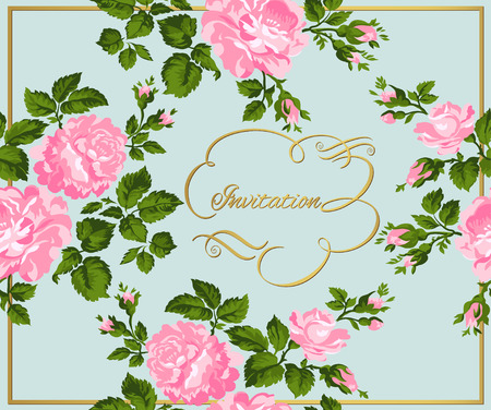 Luxurious vintage card of pink roses with gold calligraphy. illustration.のイラスト素材