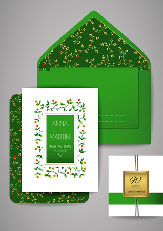 Collection of Wedding invitation card suite with watercolor floral frame. Templates: invitation, save the date card.のイラスト素材