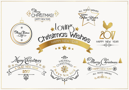 Christmas decoration vector design elements collection. Typographic elements, vintage labels, frames, ribbons, chalk set. Design elements merry christmas and happy holidays wishes typographicのイラスト素材