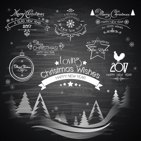 Christmas decoration vector design elements collection. Typographic elements, vintage labels, frames, ribbons, chalk set. Design elements merry christmas and happy holidays wishes typographicのイラスト素材