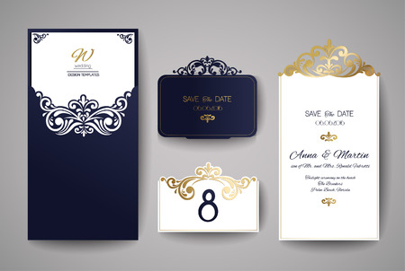 Wedding invitation or greeting card with gold floral ornament. Wedding invitation envelope for laser cutting. Vector illustration.のイラスト素材