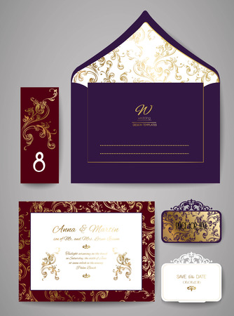 Template wedding invitation and envelope with floral golden ornamentのイラスト素材