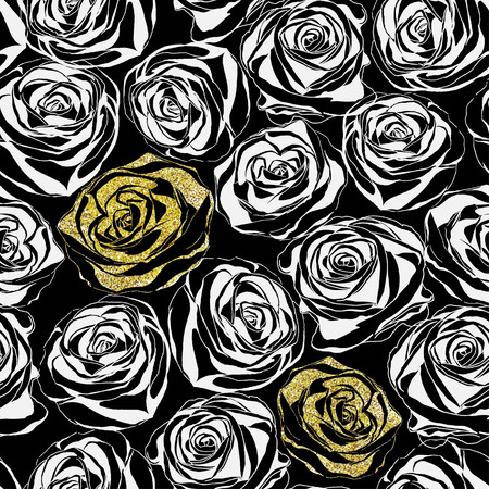 Floral pattern with image of a glitter rose on a black design elegant ornament illustration.のイラスト素材
