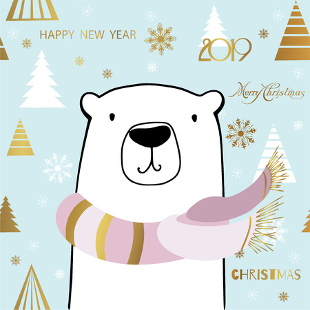Cute Polar Bear with Merry Christmas inscription.のイラスト素材