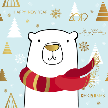 Cute Polar Bear with Merry Christmas inscriptionのイラスト素材