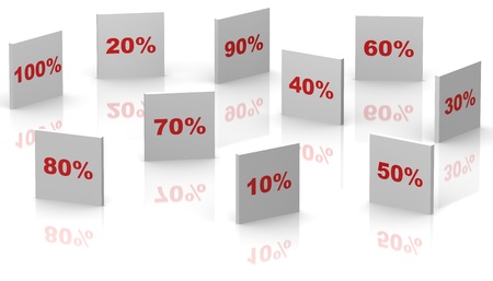 A 3D illustation showing discounts in red and white with reflectionsの写真素材