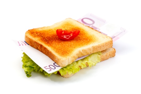 Sandwich stuffed with 500 euro, which represents the hunger for moneyの写真素材