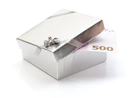 Money gift box with 500 euro isolated over white backgroundの写真素材