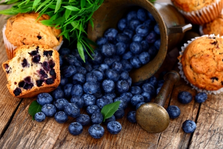 Muffins and blueberries on rustic wooden table
の写真素材