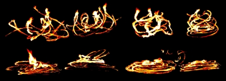 Collage of abstract glowing fire shapes, black background