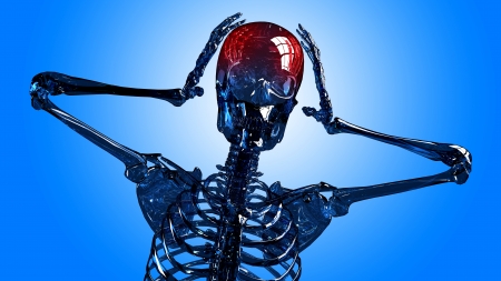Frontal view of a human skeleton head in pain made in 3d, over blue background.の写真素材