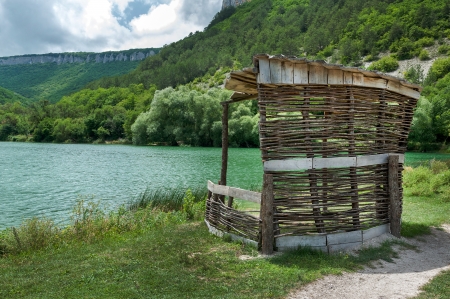 arbour ashore mountain lake in a canyon in Crimeaの写真素材