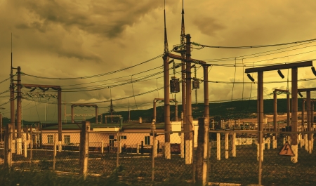 a line of electricity transmission is in the evening before a thunderstormの写真素材