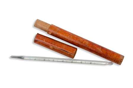 The vintage wooden thermometer isolated on white backgroundの写真素材