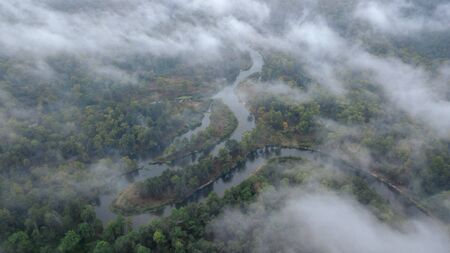 aerial top view from drone see river and green forest with clear white cumulus cloud and cloudscape.