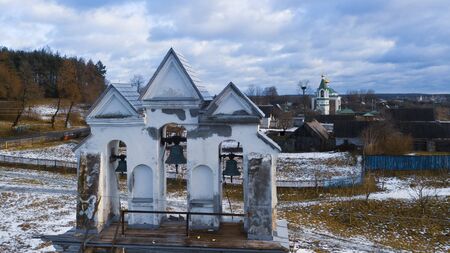 Bell tower on cloudy sky background. Aerial view.の写真素材