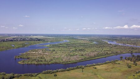 Aerial view of the fields and river Pripyat. Belarus.