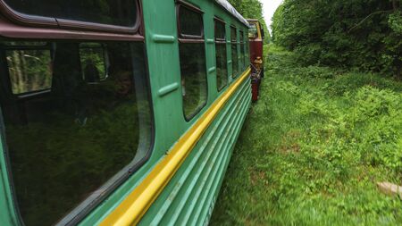 Photo of narrow gauge railway train on forest background. Extraction and transportations of peat.の写真素材