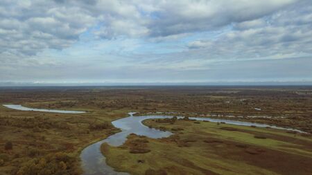 Aerial view of the fields and river Pripyat. Belarus.の写真素材