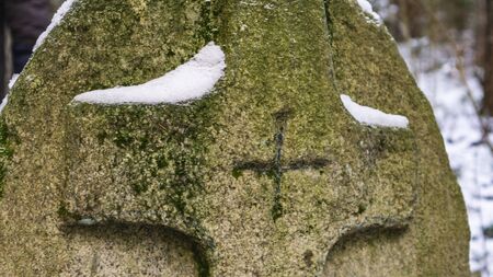 Pagan temple with ancient cross. Worship of pagan Gods and trees. Mystic and magic concept.の写真素材
