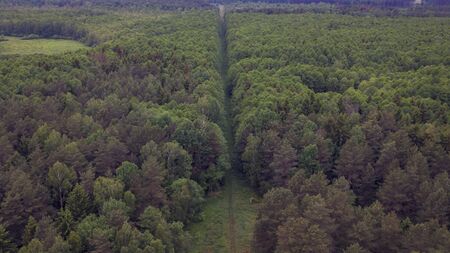 Aerial view of a narrow gauge railroad on forest background. Extraction and transportations of peat. Ecological problem.の写真素材