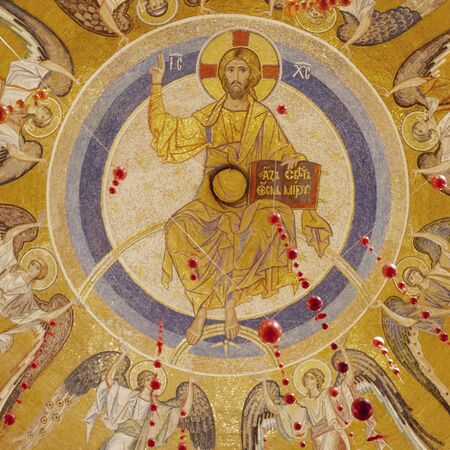 Easter decorations in a orthodox church. Ornamental easter egg garland. Religious concept.の写真素材