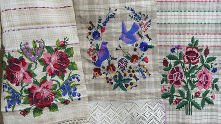 Towels with traditional slavic floral embroidery. Folk concept.