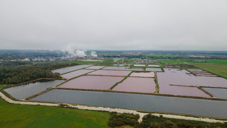 Aerial view of modern industrial sewage treatment plant. Sugar refinery sewage treatment plant.の写真素材