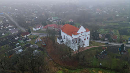 Aerial view of ruins of Farnese Church of Transfiguration of the Lord in Novogrudok, Belarus. Foggy landscape.の写真素材