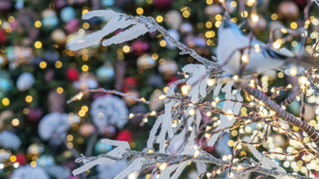 Defocused Christmas and New Year decorations with lights.の写真素材