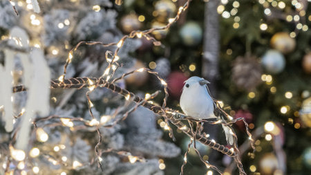Christmas toy in the form of bird. Decorated christmas tree background. Happy new year concept.