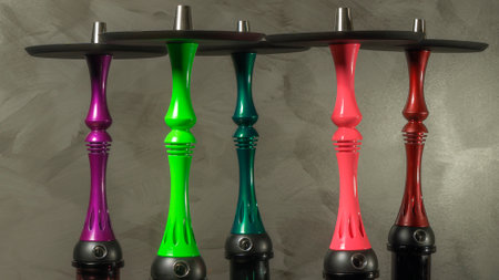 Several new modern multi-colored Hookah water pipes on gray background.