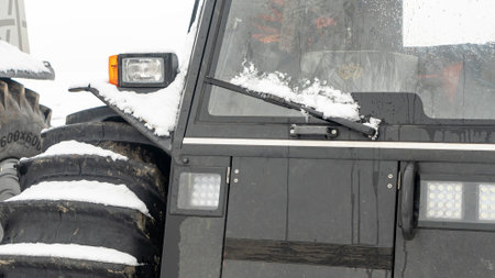 All-terrain vehicles on a winter background. Powerful off-road transporter. Engine, cross.の写真素材