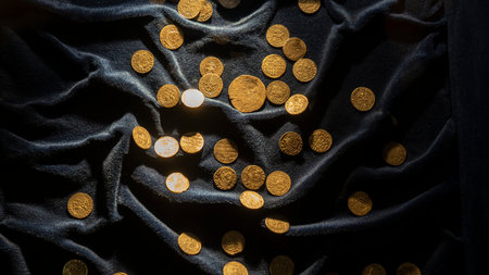 Treasure of ancient gold coins. Cash, money.