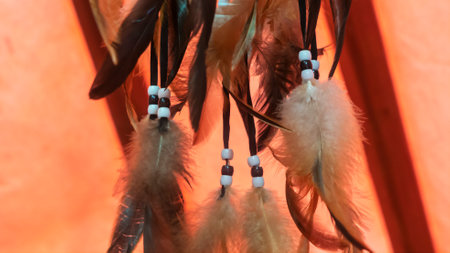 Close-up view of a dream catcher with feathers threads and beads rope hanging.の写真素材