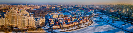 Aerial panorama of historical center of Minsk with modern and old buildings. Travel concept.の写真素材